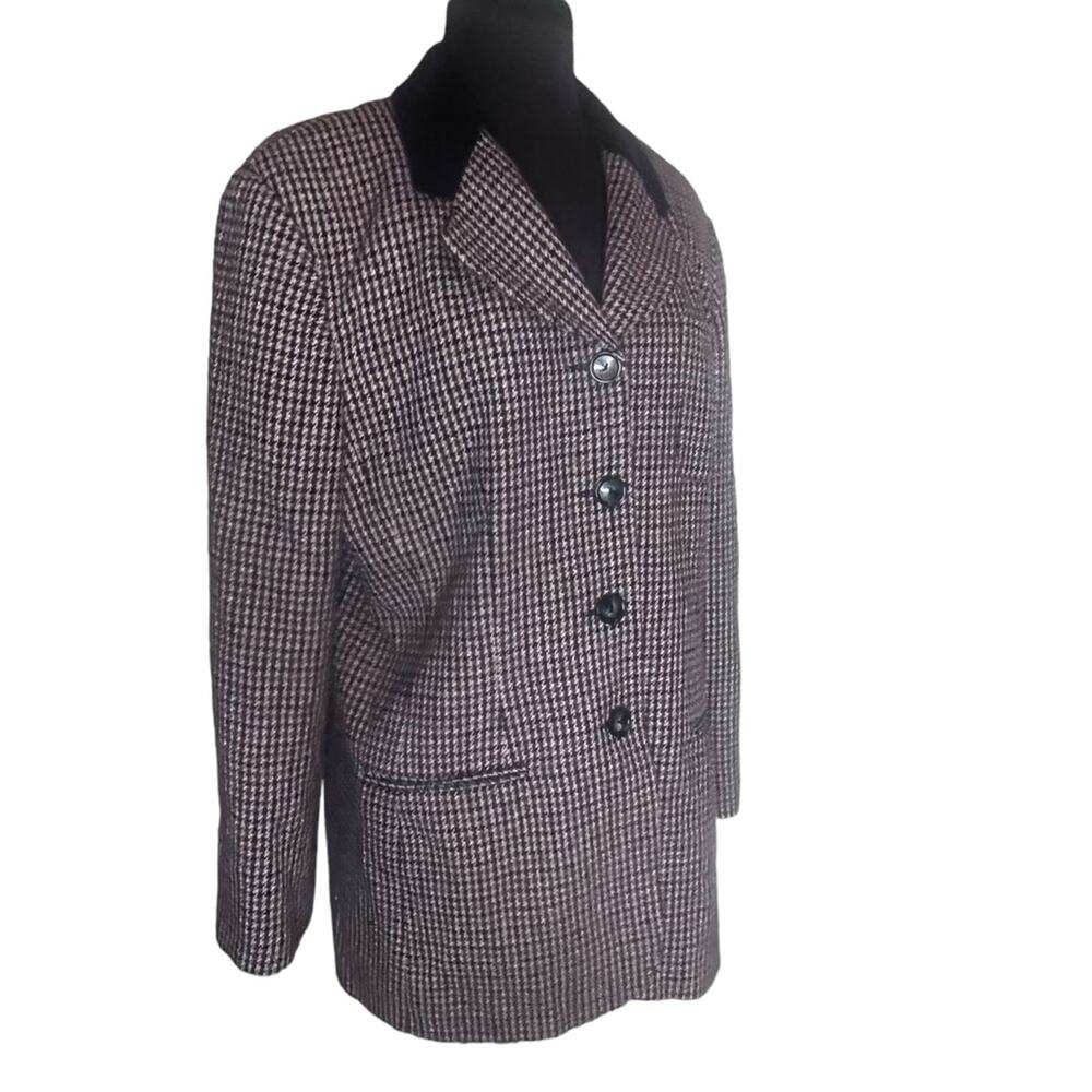 Vtg Wool Houndstooth Plaid Velvet Blazer Size 14 Equestrian Preppy Old Money